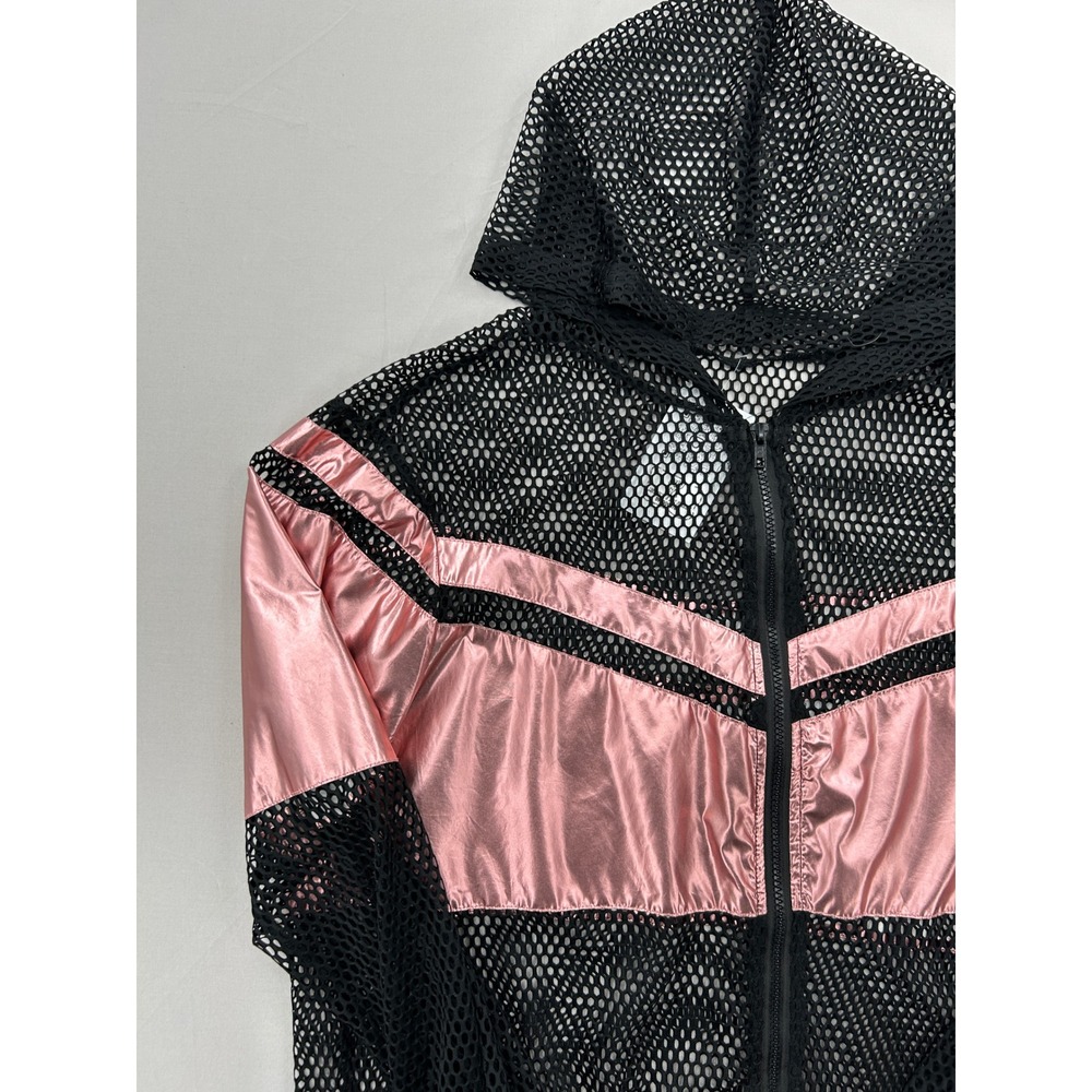Womens Sheer Mesh Metallic Pink Black Hooded Zip Up Windbreaker Jacket Medium